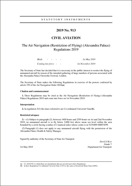 The Air Navigation (Restriction of Flying) (Alexandra Palace) Regulations 2019