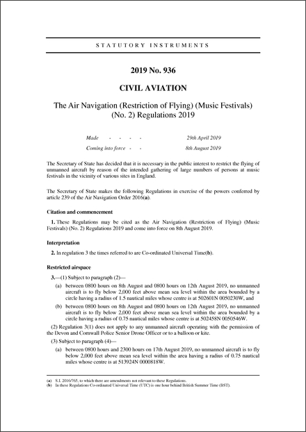 The Air Navigation (Restriction of Flying) (Music Festivals) (No. 2) Regulations 2019