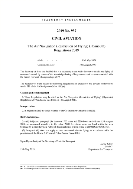 The Air Navigation (Restriction of Flying) (Plymouth) Regulations 2019