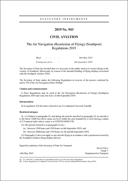 The Air Navigation (Restriction of Flying) (Southport) Regulations 2019