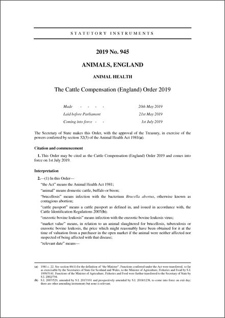 The Cattle Compensation (England) Order 2019