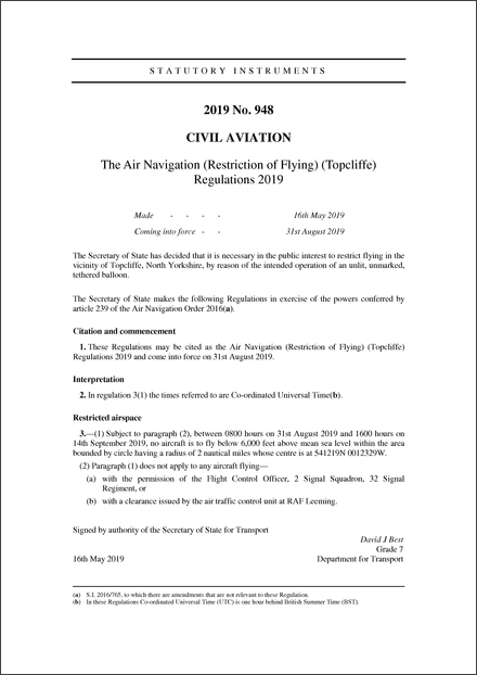 The Air Navigation (Restriction of Flying) (Topcliffe) Regulations 2019