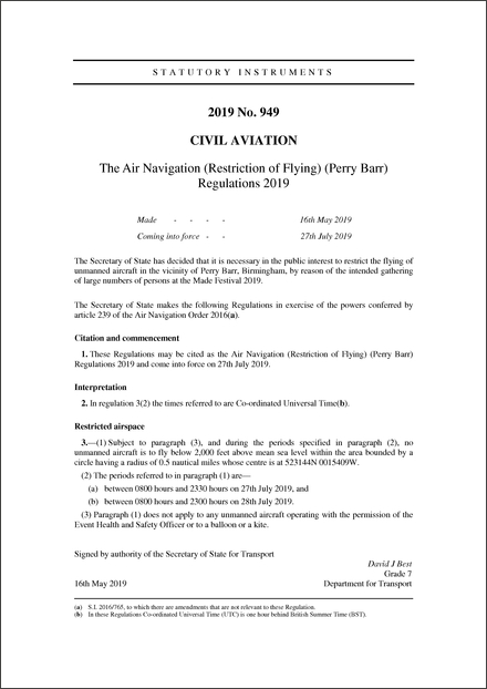 The Air Navigation (Restriction of Flying) (Perry Barr) Regulations 2019