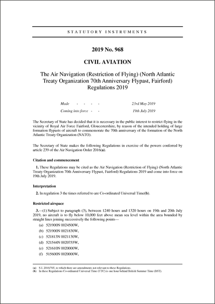 The Air Navigation (Restriction of Flying) (North Atlantic Treaty Organization 70th Anniversary Flypast, Fairford) Regulations 2019