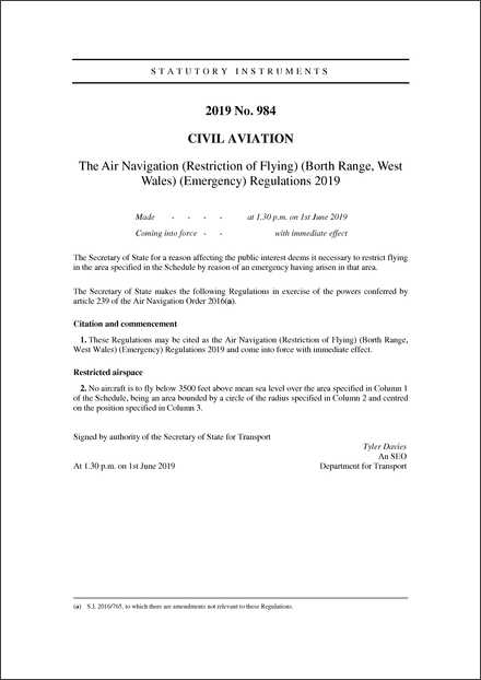 The Air Navigation (Restriction of Flying) (Borth Range, West Wales) (Emergency) Regulations 2019