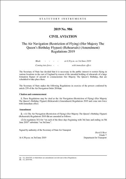 The Air Navigation (Restriction of Flying) (Her Majesty The Queen's Birthday Flypast) (Rehearsals) (Amendment) Regulations 2019