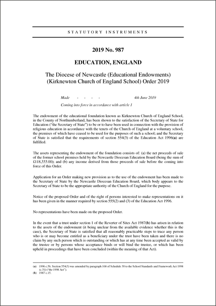 The Diocese of Newcastle (Educational Endowments) (Kirknewton Church of England School) Order 2019