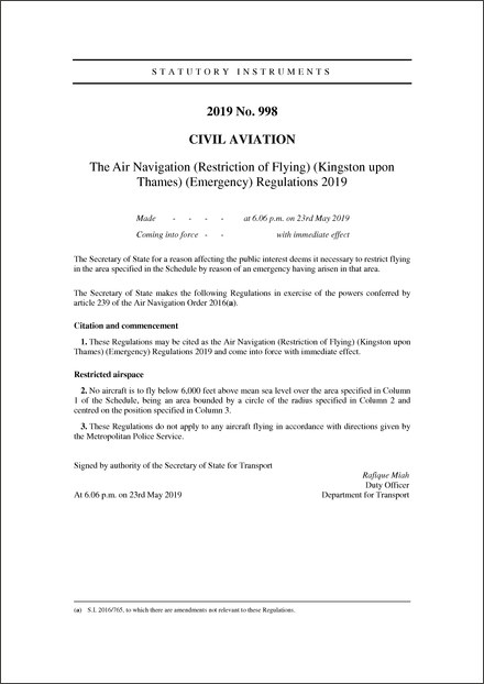 The Air Navigation (Restriction of Flying) (Kingston upon Thames) (Emergency) Regulations 2019