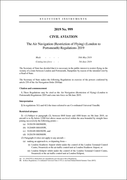 The Air Navigation (Restriction of Flying) (London to Portsmouth) Regulations 2019