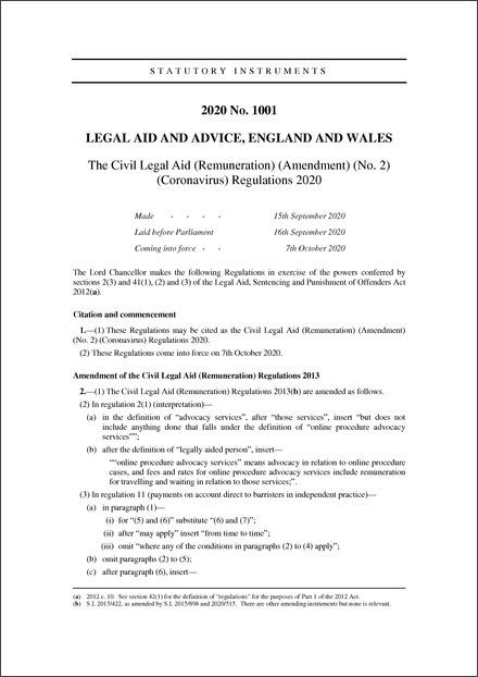 The Civil Legal Aid (Remuneration) (Amendment) (No. 2) (Coronavirus) Regulations 2020