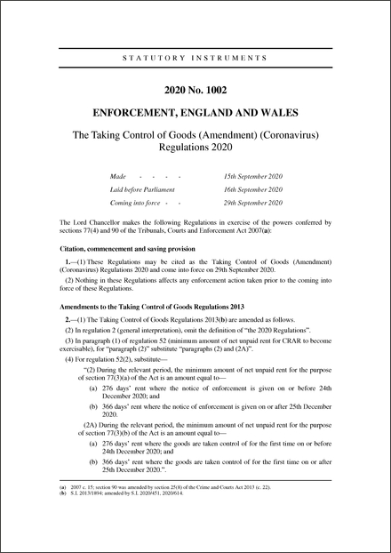 The Taking Control of Goods (Amendment) (Coronavirus) Regulations 2020