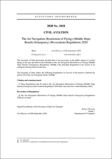 The Air Navigation (Restriction of Flying) (Middle Hope Beach) (Emergency) (Revocation) Regulations 2020