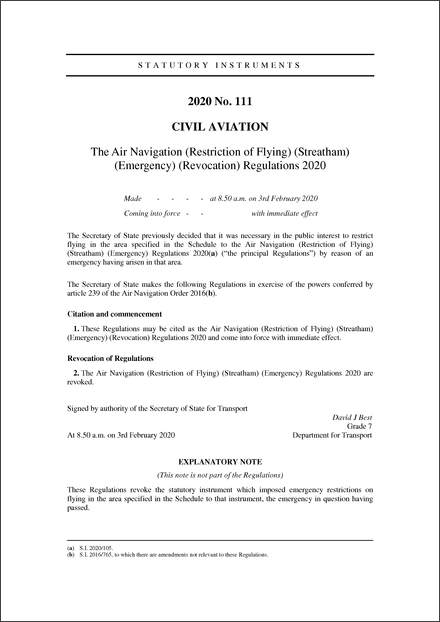 The Air Navigation (Restriction of Flying) (Streatham) (Emergency) (Revocation) Regulations 2020