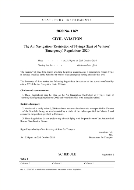 The Air Navigation (Restriction of Flying) (East of Ventnor) (Emergency) Regulations 2020