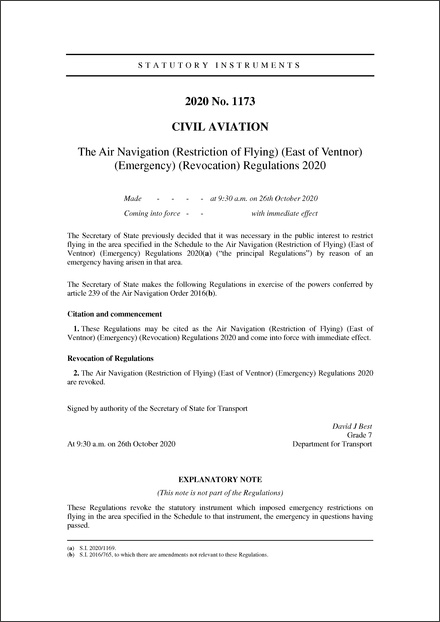 The Air Navigation (Restriction of Flying) (East of Ventnor) (Emergency) (Revocation) Regulations 2020