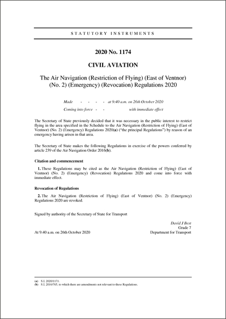 The Air Navigation (Restriction of Flying) (East of Ventnor) (No. 2) (Emergency) (Revocation) Regulations 2020