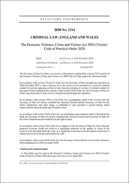 The Domestic Violence, Crime and Victims Act 2004 (Victims' Code of Practice) Order 2020