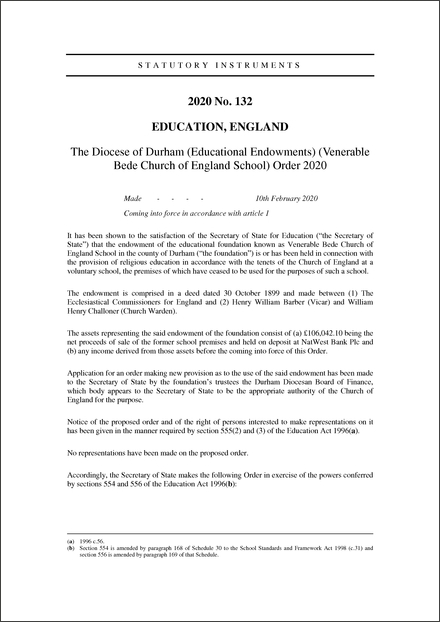 The Diocese of Durham (Educational Endowments) (Venerable Bede Church of England School) Order 2020