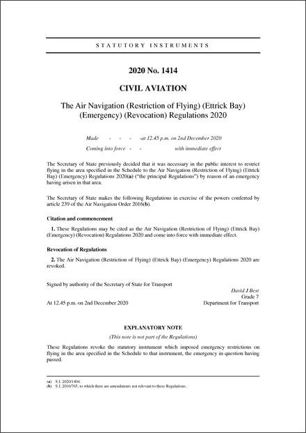 The Air Navigation (Restriction of Flying) (Ettrick Bay) (Emergency) (Revocation) Regulations 2020