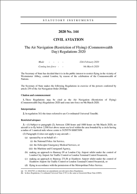 The Air Navigation (Restriction of Flying) (Commonwealth Day) Regulations 2020