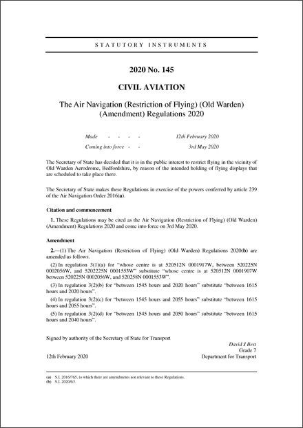 The Air Navigation (Restriction of Flying) (Old Warden) (Amendment) Regulations 2020