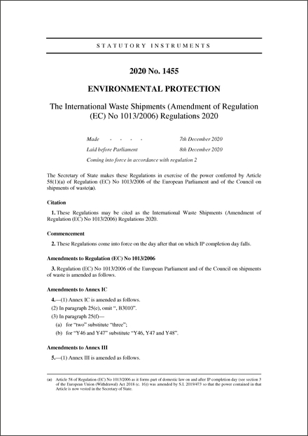 The International Waste Shipments (Amendment of Regulation (EC) No 1013/2006) Regulations 2020