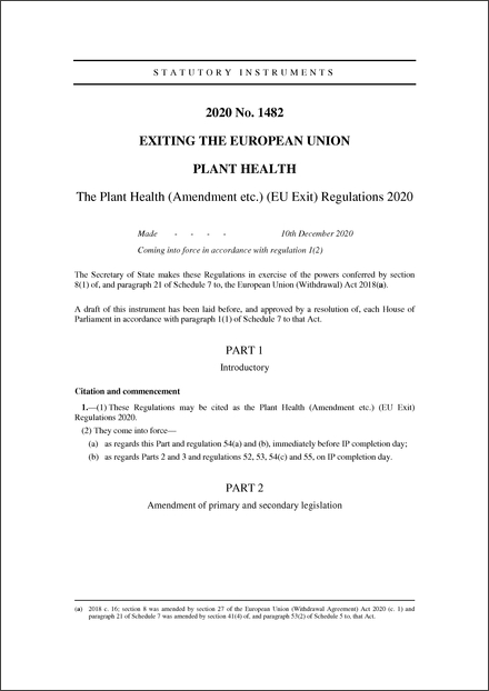 The Plant Health (Amendment etc.) (EU Exit) Regulations 2020