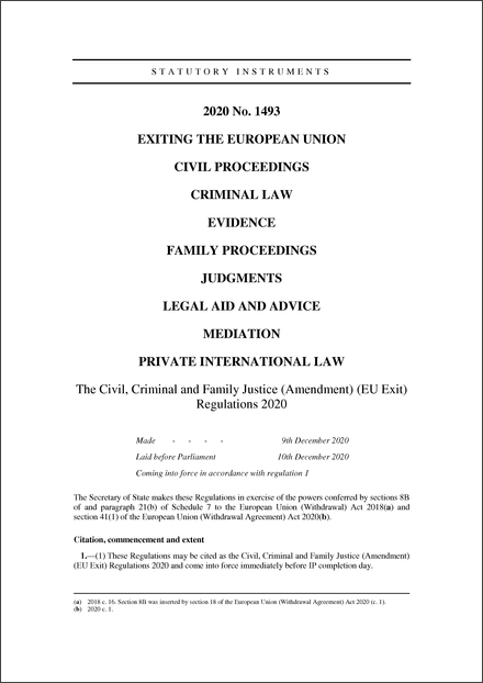 The Civil, Criminal and Family Justice (Amendment) (EU Exit) Regulations 2020