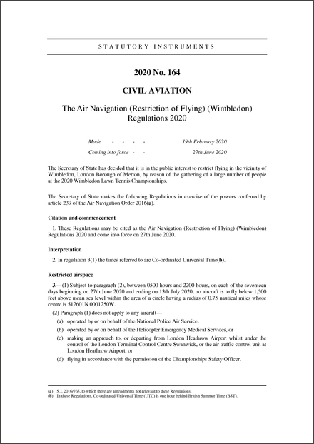 The Air Navigation (Restriction of Flying) (Wimbledon) Regulations 2020