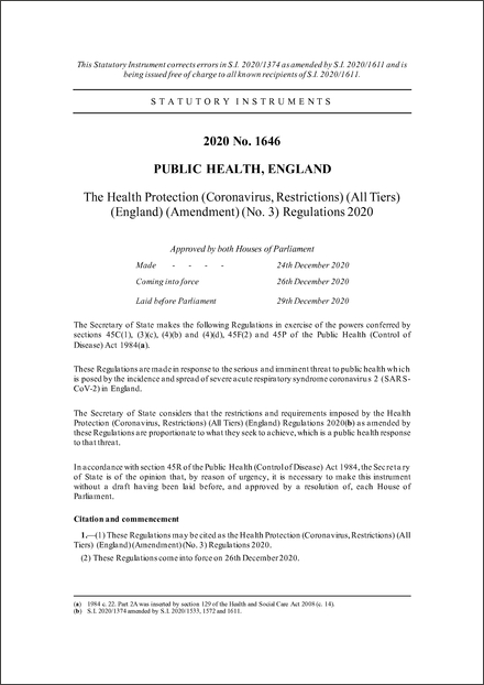 The Health Protection (Coronavirus, Restrictions) (All Tiers) (England) (Amendment) (No. 3) Regulations 2020