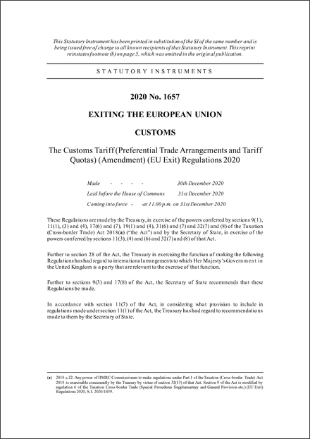 The Customs Tariff (Preferential Trade Arrangements and Tariff Quotas) (Amendment) (EU Exit) Regulations 2020