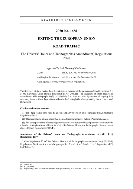 The Drivers’ Hours and Tachographs (Amendment) Regulations 2020