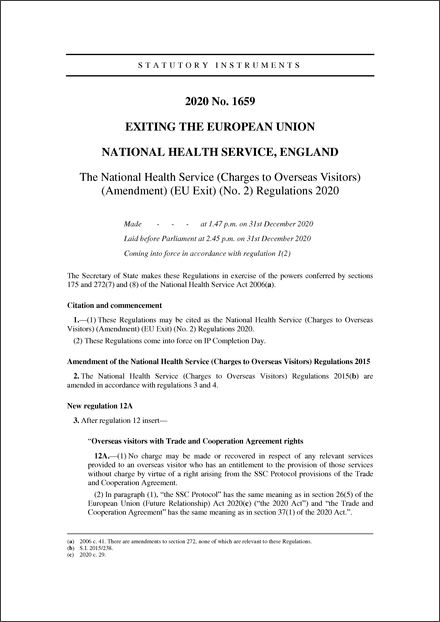 The National Health Service (Charges to Overseas Visitors) (Amendment) (EU Exit) (No. 2) Regulations 2020