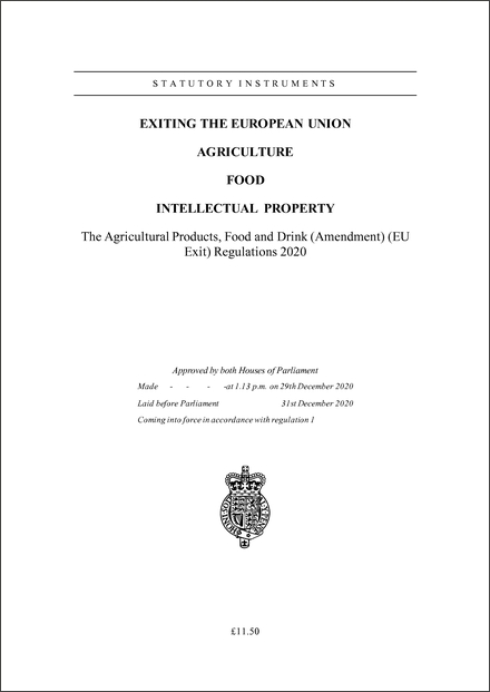 The Agricultural Products, Food and Drink (Amendment) (EU Exit) Regulations 2020