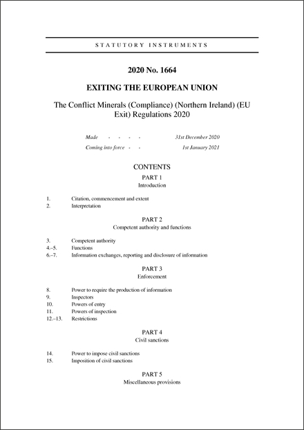 The Conflict Minerals (Compliance) (Northern Ireland) (EU Exit) Regulations 2020