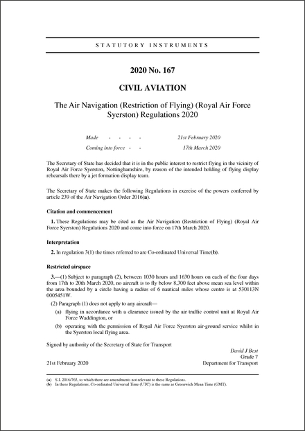 The Air Navigation (Restriction of Flying) (Royal Air Force Syerston) Regulations 2020