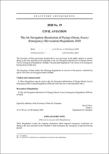 The Air Navigation (Restriction of Flying) (Orsett, Essex) (Emergency) (Revocation) Regulations 2020