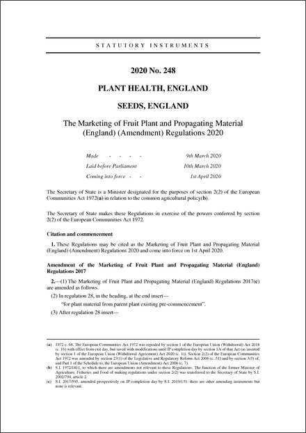 The Marketing of Fruit Plant and Propagating Material (England) (Amendment) Regulations 2020