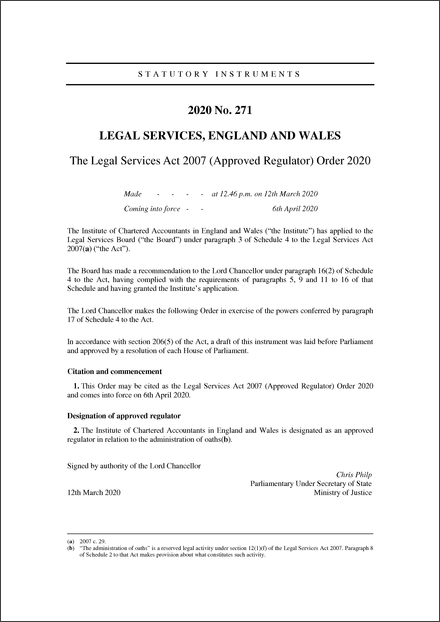 The Legal Services Act 2007 (Approved Regulator) Order 2020