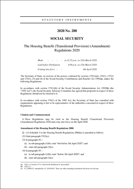 The Housing Benefit (Transitional Provision) (Amendment) Regulations 2020
