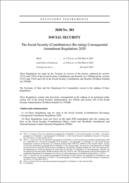 The Social Security (Contributions) (Re-rating) Consequential Amendment Regulations 2020