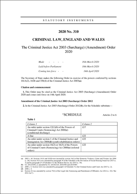 The Criminal Justice Act 2003 (Surcharge) (Amendment) Order 2020
