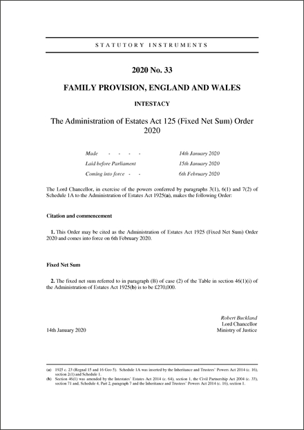 The Administration of Estates Act 1925 (Fixed Net Sum) Order 2020