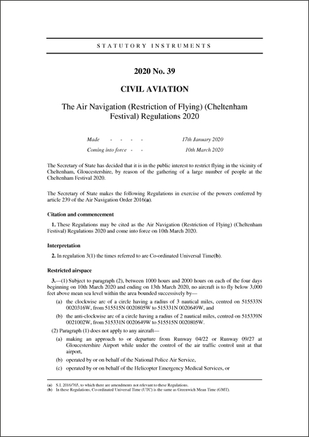 The Air Navigation (Restriction of Flying) (Cheltenham Festival) Regulations 2020