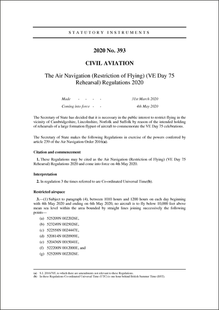 The Air Navigation (Restriction of Flying) (VE Day 75 Rehearsal) Regulations 2020