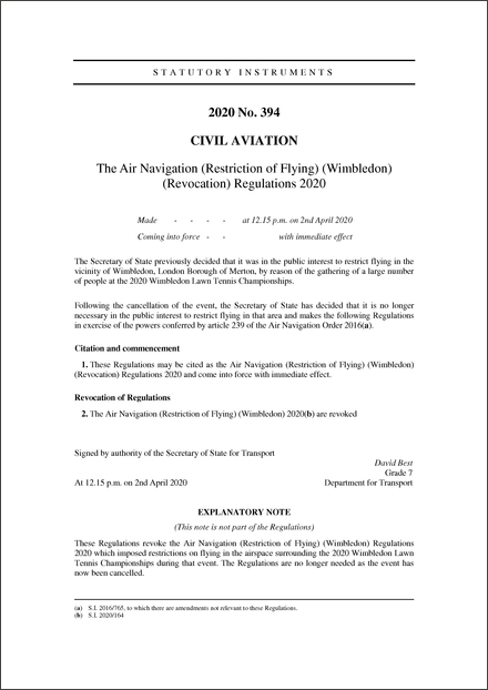 The Air Navigation (Restriction of Flying) (Wimbledon) (Revocation) Regulations 2020