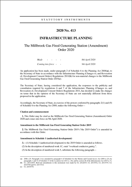 The Millbrook Gas Fired Generating Station (Amendment) Order 2020