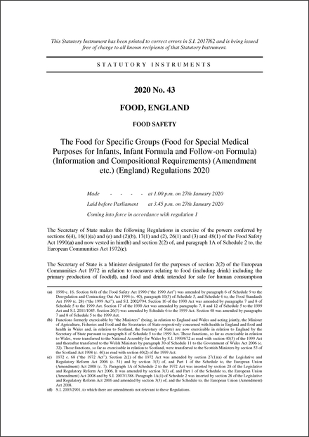 The Food for Specific Groups (Food for Special Medical Purposes for Infants, Infant Formula and Follow-on Formula) (Information and Compositional Requirements) (Amendment etc.) (England) Regulations 2020