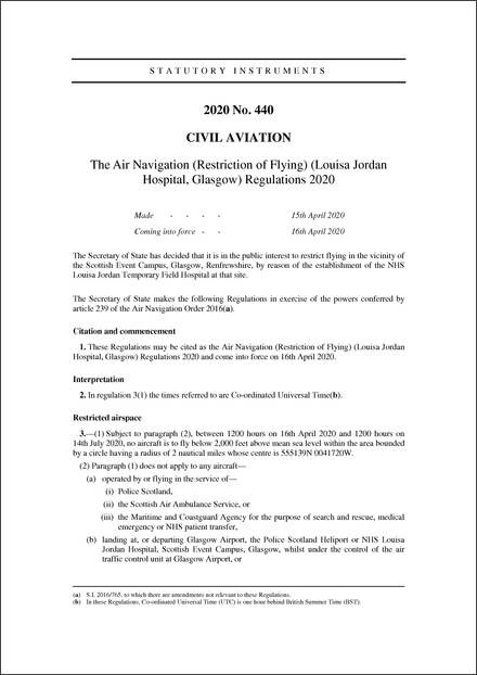 The Air Navigation (Restriction of Flying) (Louisa Jordan Hospital, Glasgow) Regulations 2020