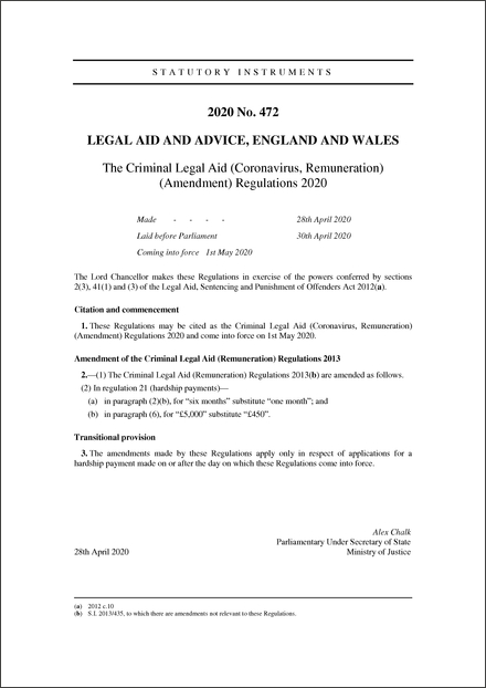 The Criminal Legal Aid (Coronavirus, Remuneration) (Amendment) Regulations 2020